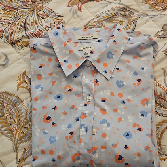 L.L. Bean Light Blue Floral Shirt with Orange and Navy Accents. Size M. - Picture 9 of 9